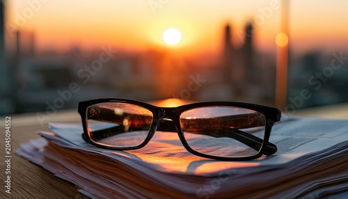 Black framed spectacles rest on a paper stack at sunset, overlooking city