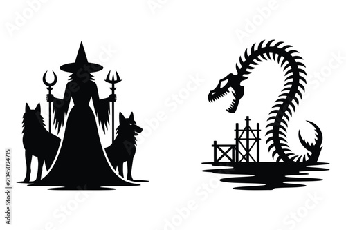 Tableau sur toile Mystical witch with wolves and large skeletal sea serpent silhouette vector set