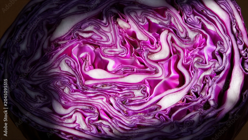 Obraz premium Top down macro shot of sliced red cabbage showing concentric purple circles and dense interior texture with plant based vegetable concentric abstract nutrition vegetarian ingredient