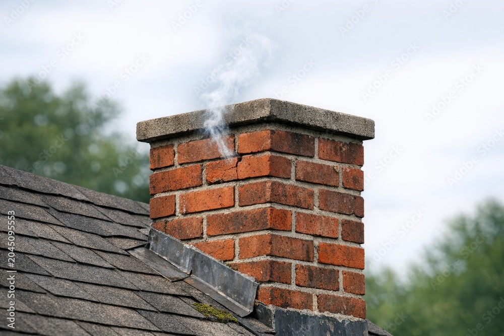 Obraz premium A brick chimney with smoke billowing out of it, suitable for use in images about homes, architecture, or outdoor scenes