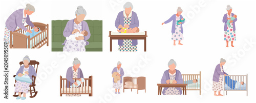 Fényképezés Grandmother caring for newborn baby flat vector illustration set