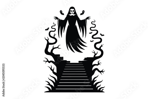 Фотография Spooky vector silhouette of female ghost floating over stairs in haunted forest