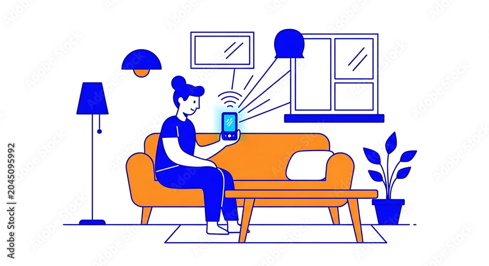 Fototapeta premium A woman sitting on a couch in a living room controlling smart home devices with her smartphone.