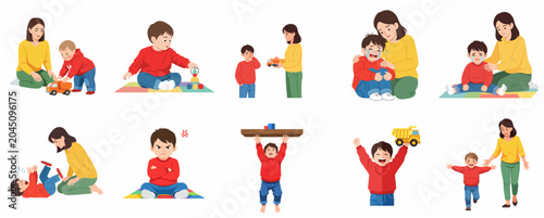 Foto Mother and toddler son emotional behaviors set including playing, crying, temper tantrum, anger, and happiness