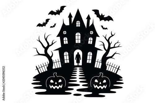 Haunted house with pumpkins and bats silhouette on halloween night, silhouette