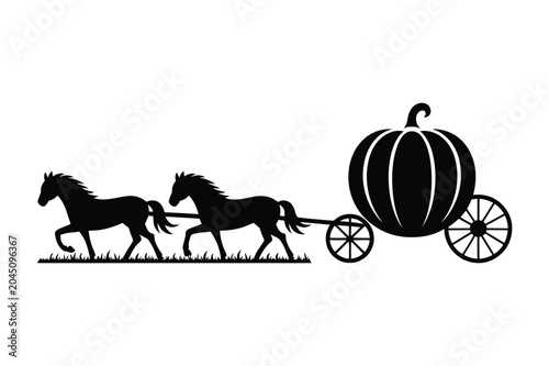 Two horses pulling pumpkin carriage silhouette illustration with carriage, silhouette