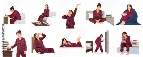 Bild auf Leinwand Vector Illustration Set of Women in Silk Pajamas Experiencing Insomnia, Morning