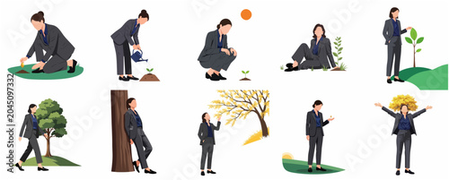Canvas Print Businesswoman nurturing nature and growth illustration set representing sustaina
