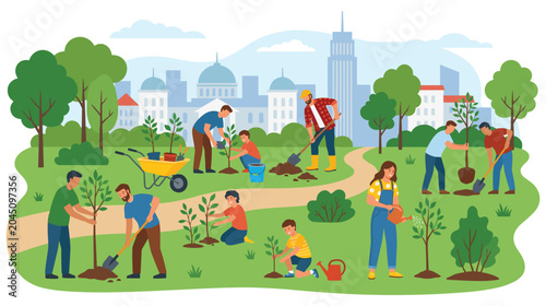Fotografie People planting trees in a park for urban greening initiative.