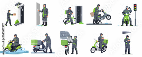 Foto Delivery couriers in rainy weather set, flat vector illustration of men in raincoats delivering food and parcels on motorbikes and bicycles during a storm