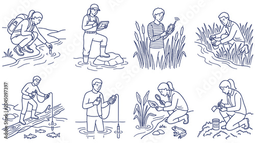 Foto Scientists sample water quality outdoors for analysis.