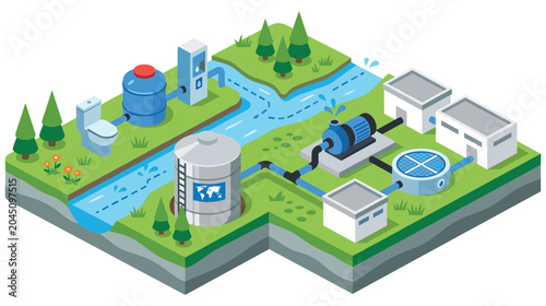 Billede på lærred Isometric view of water treatment plant and city supply.