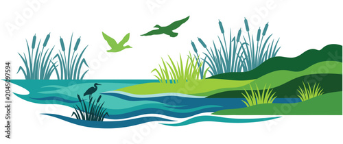 Foto Wetlands nature landscape ducks heron cattails reeds marsh.
