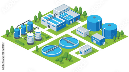 Photos Isometric view of water treatment plant facility layout.