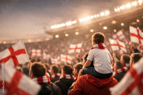 England Fans Waving England Flags In Stadium Crowd, Child On Shoulders Watching Bright Match With England Supporters At Sunset Together With Joy. Football Fans. Soccer, Football World Cup Concept.