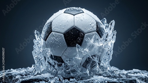 Icy soccer ball emerging from sharp ice shards and frozen water droplets on a dark background, illustrating cool determination and frozen moments.