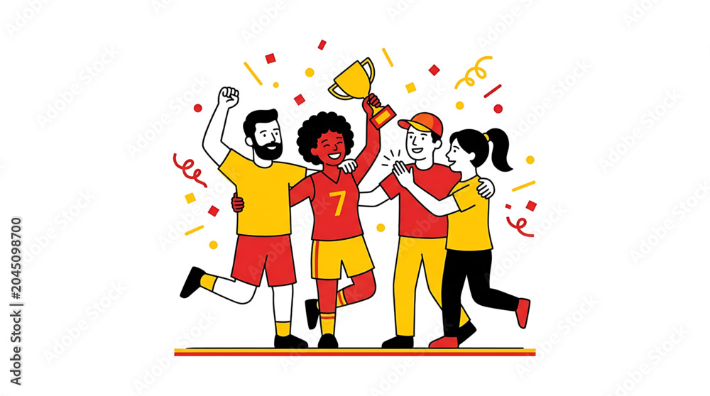 Fototapeta premium A vibrant illustration of four friends celebrating with a trophy in a colorful and lively scene