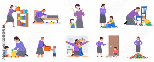 Set of diverse parenting and teaching scenes showing children and adults cleaning up toys, tidying the room, and managing behavior in a home or classroom setting.