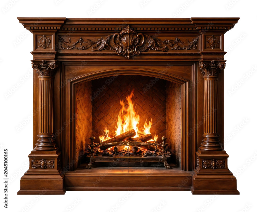 Fototapeta premium PNG Elegant wooden fireplace warmth