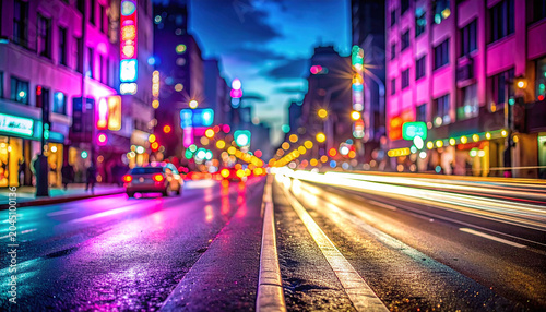 Vibrant neon lights and dynamic motion blur from traffic trails illuminate a wet, bustling city street at night, capturing the energy, speed, and modern pulse of urban life.