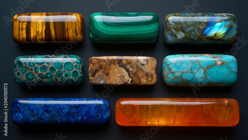Polished semi-precious gemstone cabochons displayed on black background with multi colored gemstone cabochon polished precious collection material decoration aesthetic formation