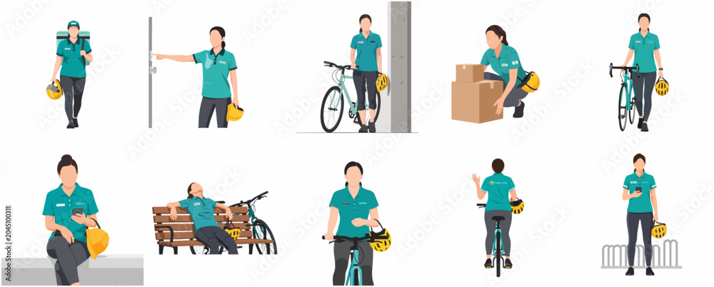 Fototapeta premium Set of flat vector illustrations featuring a female bicycle delivery courier in various poses and working situations.