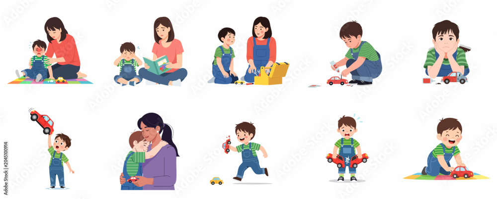 Fototapeta premium Set of illustrations featuring a boy breaking his toy car and his mother helping him fix it, depicting parenting, emotions, and learning