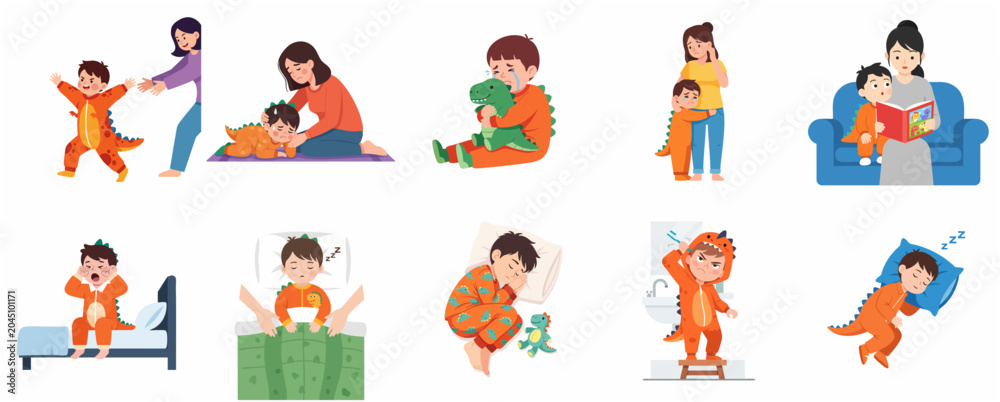 Fototapeta premium Little Boy in Dinosaur Onesie Daily Routine and Emotions Set with Mother