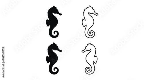 Bild auf Leinwand Seahorse Silhouettes And Line Art On White Background Silhouette