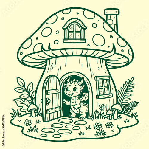 Little dragon character emerging from mushroom fairy house with mushroom coloring illustration