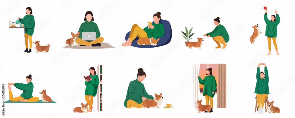 Fototapeta premium Vector illustration set of a young woman's daily routine at home with her cute corgi dog, practicing yoga, working, reading, and relaxing.