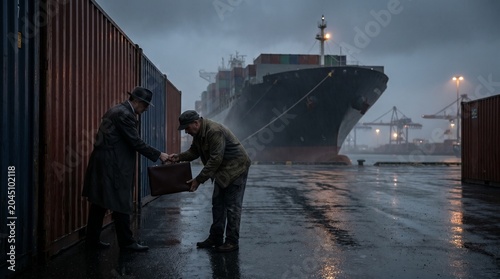 Maritime corruption and illegal trade concept: men secretly exchanging a briefcase at an industrial seaport near a container ship.