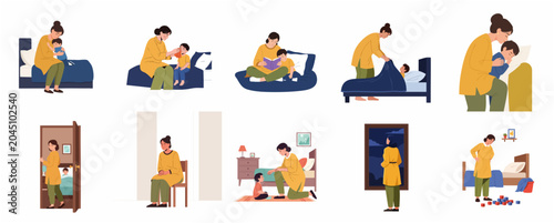 Konstfotografi Mother and Son Parenting Scenes Illustration Set, Collection of Motherhood Momen