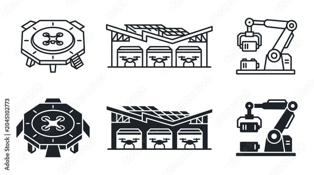 Naklejka premium Drone logistics and automation technology icons including landing pad warehouse and robotic arm with warehouse, robotics