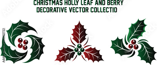 Christmas holly leaf and berry decorative vector collection