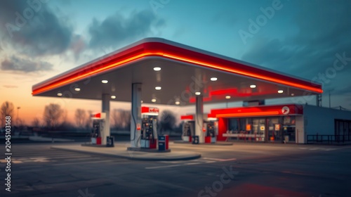 Modern gas station with bright red neon lights at dusk, fuel station infrastructure, transport services, energy industry.