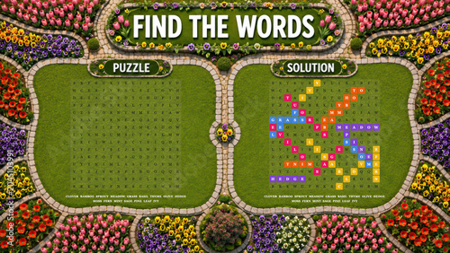 Vibrant spring park lawn word search puzzle with colorful tulip beds and pansy flowers