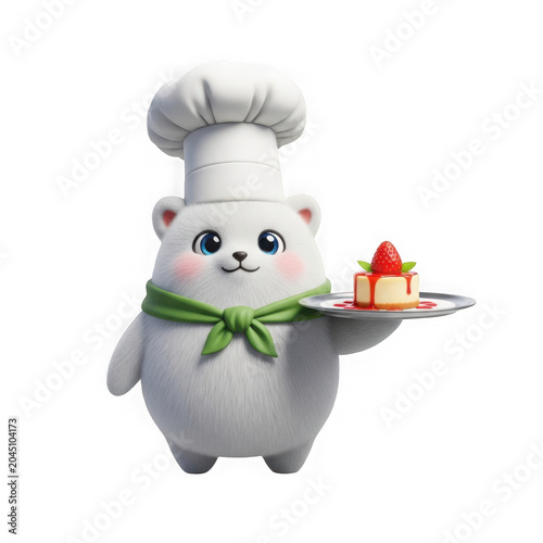 A white bear wearing a chef hat holding a dessert