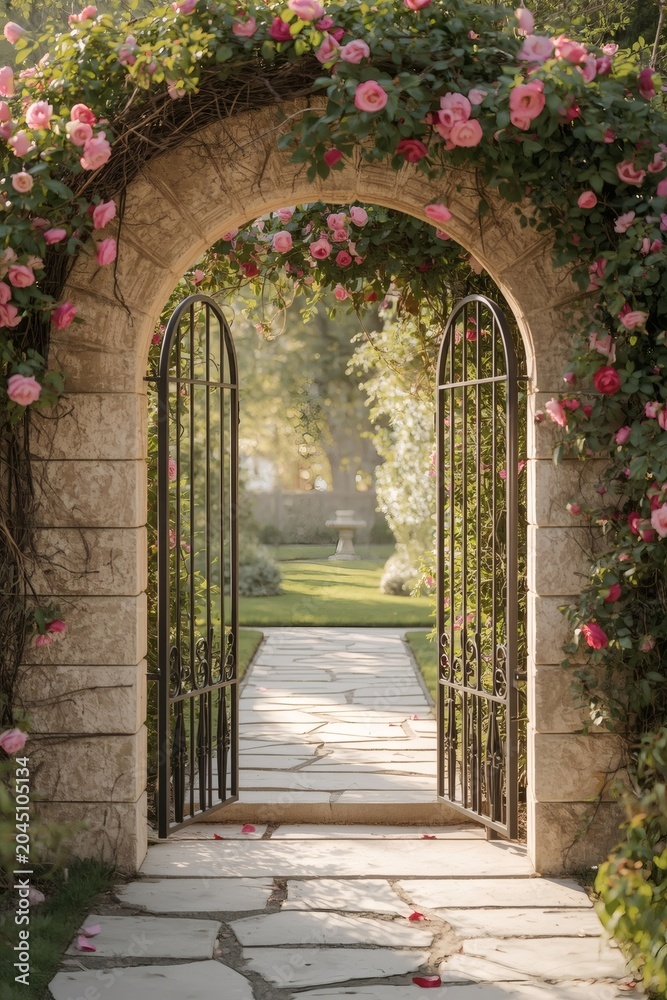 Obraz premium An ancient stone archway forms the medieval entrance to the castle and garden wall