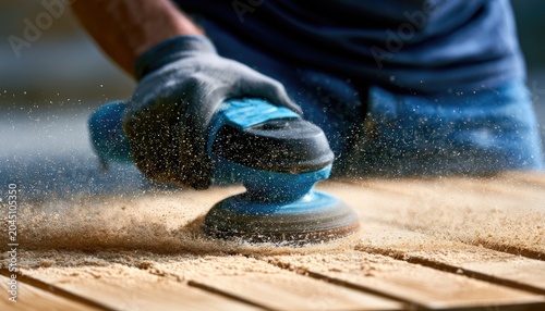 Close-up of hand using power sander on wooden surface, creating dust