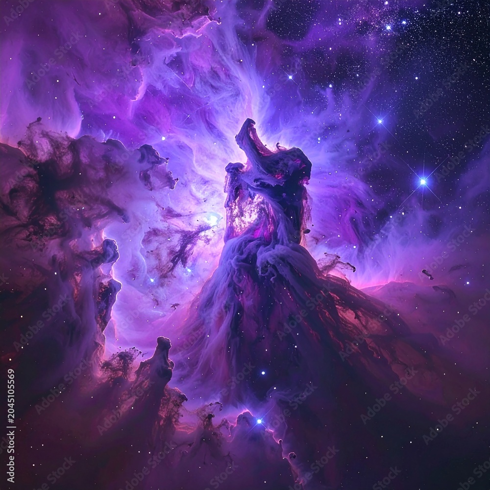 Obraz premium A stunning deep space nebula rendered in vibrant shades of purple and magenta, showcasing majestic cosmic dust pillars and glowing stars. Perfect for scifi and astronomical designs.