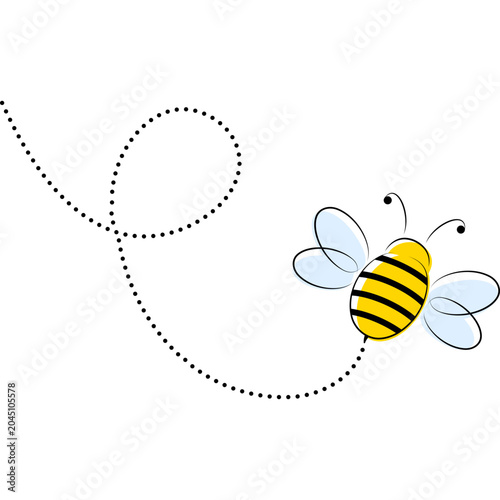 Cute hand drawn bee with dotted path. Adorable insect character.
