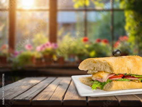 Sandwich ciabatta with ham and cheese on a wooden table in a sunny garden