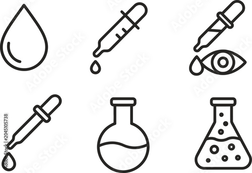 dropper droplet eye flask lab icons line art vector set