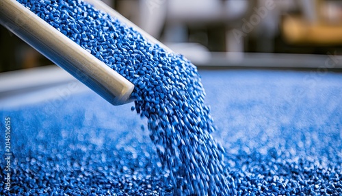 Tiny blue pellets flowing from a scoop onto a pile