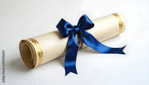 Rolled certificate with ornate gold trim and a vibrant blue ribbon bow