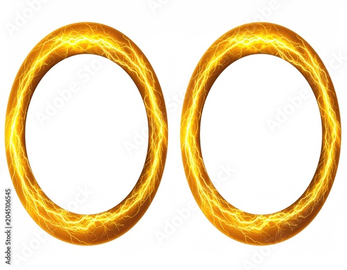 Two glowing golden rings crackle with electrifying energy against white