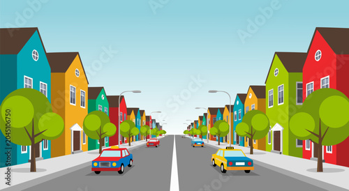 Konstfotografi Vibrant suburban street vector illustration with colorful houses and cars on a s