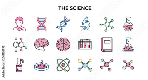 Scientific collection: biology, chemistry, physics, medicine, and technology symbols in flat style science