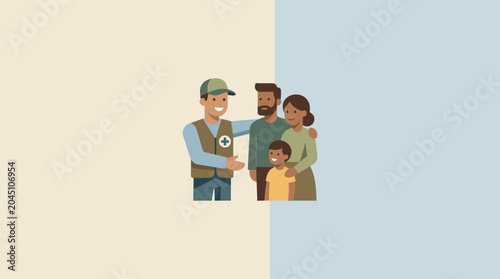 Photos Humanitarian Aid Worker Helping Refugee Family Illustration